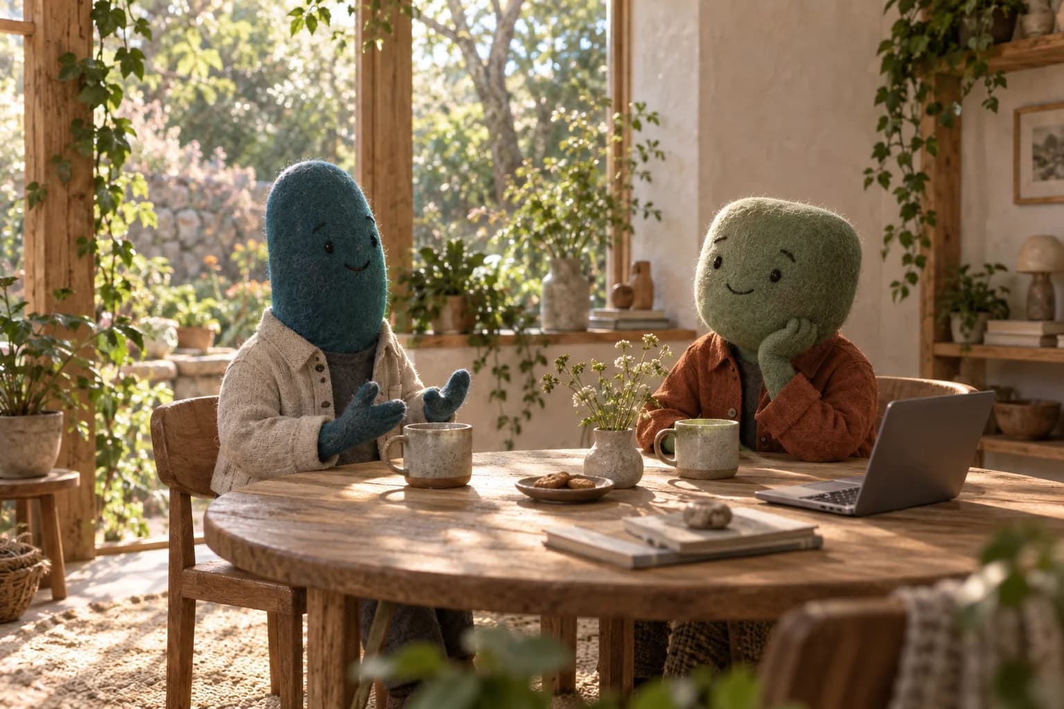 Merlin sharing tea and a conversation with a friend at a sunny garden studio table.