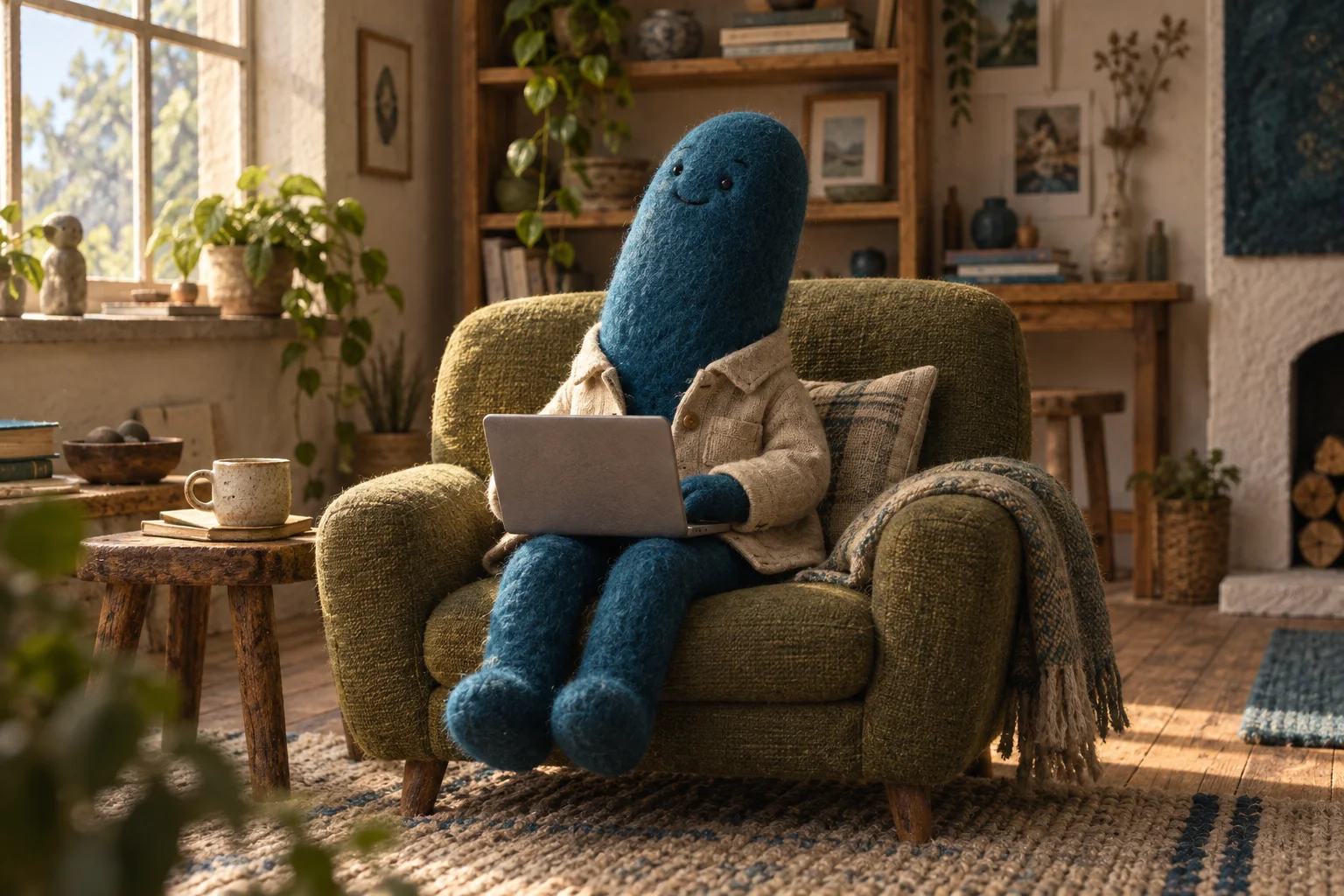 A cyan felt character working from a comfortable armchair