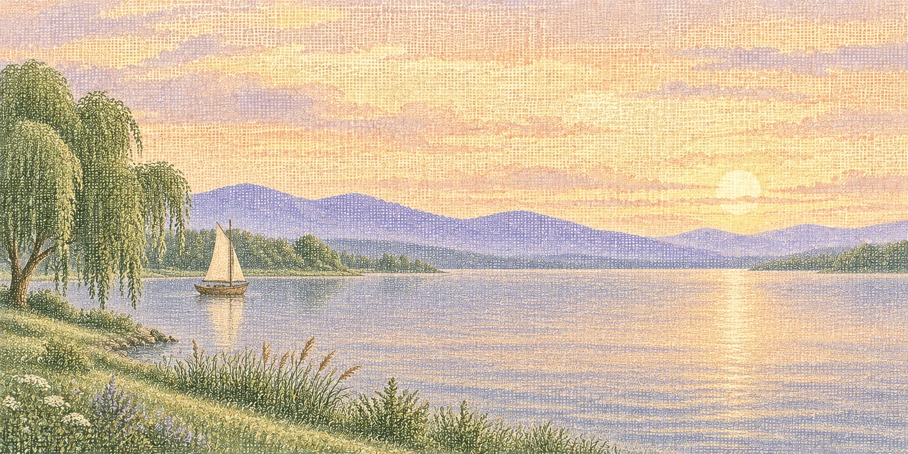 A woven pastel lakeside landscape with a small sailboat, willow trees, and lavender hills at sunset